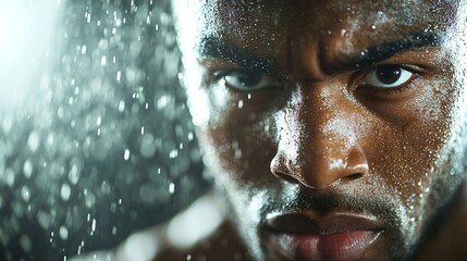 Obraz premium Intense close-up of sweaty African American man in rain. Determined facial expression. Sportsman or athlete portrait. Strength and perseverance concept for motivation