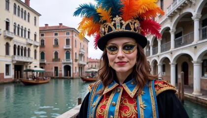 Obraz premium Traditional venetian carnival costume with colorful feathers and gondolas in the background on a canal in Venice