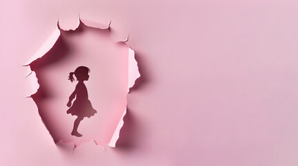 An image of a child standing and passing through a torn pink paper. This work of art reflects the pace of growth, innocence and new beginnings, birth and childbearing.