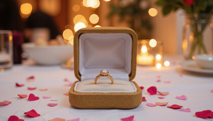 Elegant engagement ring in a stylish box on a romantic dinner table, surrounded by rose petals and soft lighting, Valentine's Day