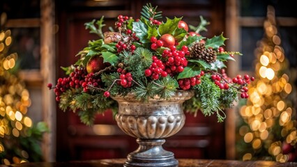 Naklejka premium Festive arrangement, joyful mood, holiday decor with berries and greenery, blurred background