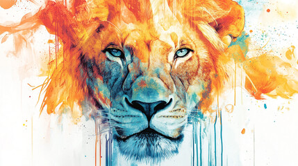 Majestic Lion Abstract Watercolor Painting  Orange Blue Wildlife Art Print