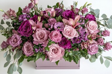 A stunning arrangement of purple and pink roses surrounded by delicate blooms and greenery in a decorative box.