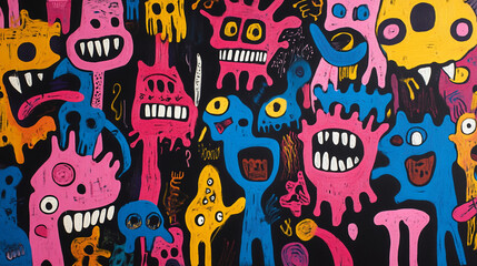 Obraz premium Colorful Abstract Monster Art Print Quirky Cartoon Characters Fun Imaginative Design Ps
