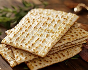 Fototapeta premium Golden-brown matzo bread stacked neatly on a wooden surface, exuding a crunchy texture and wholesome appeal.