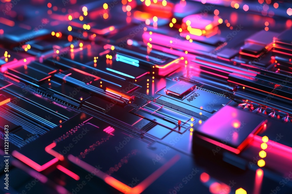 Poster abstract close-up of a futuristic circuit board with vibrant neon lights and intricate pathways in p