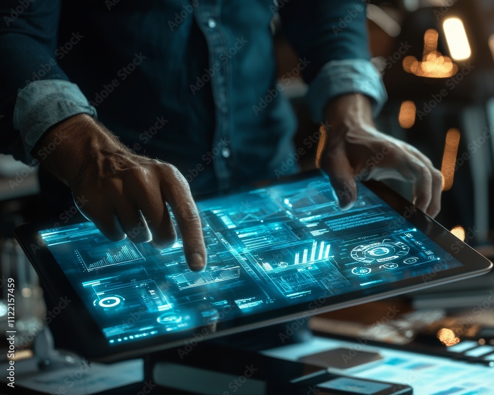 Poster a man interacting with a futuristic touchscreen display showcasing digital data and analytics.