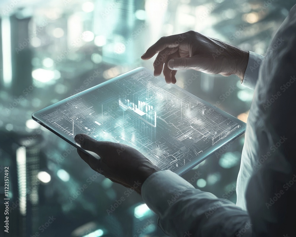 Poster a man's hand, possibly middle-eastern, interacts with a futuristic tablet displaying digital data an