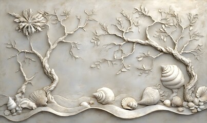 Intricate bas-relief carving of trees and seashells on a beige background.