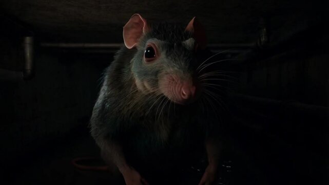 Close-up of a rat-like monster with glowing eyes in a damp, dark basement with pipes.