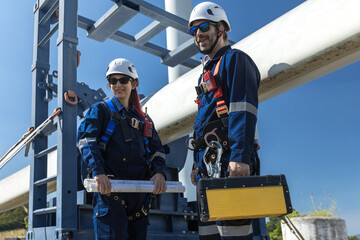 Inspection engineers a rotor blade of a wind turbine. Professional Man Maintenance engineers...