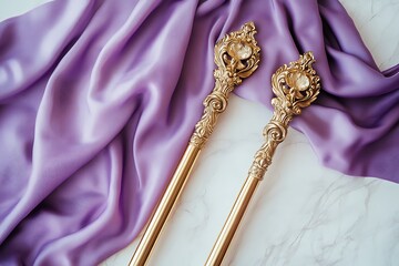 Two golden scepters on a luxurious purple silk fabric