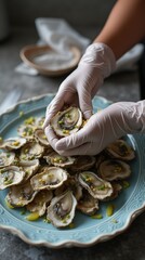Fresh Oysters Being Handled Safely With Gloves on a Plate