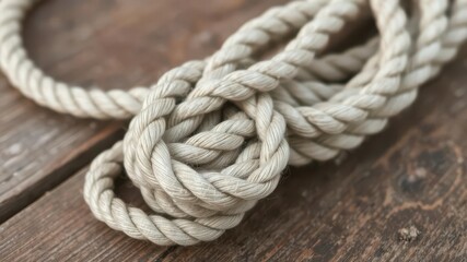 Obraz premium Close up of a thick and sturdy nautical mooring rope with intricate braided design on a rustic wooden dock, durable, sailing