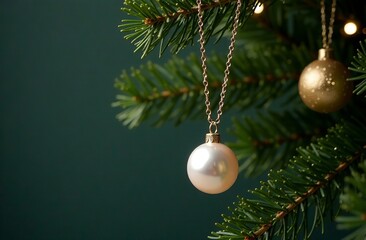 Pearl necklace on a Christmas tree. Advertising banner for a jewelry brand. New Year's Sale Poster for the December holidays with pendant on golden chain as decoration. Gift idea. Space for text