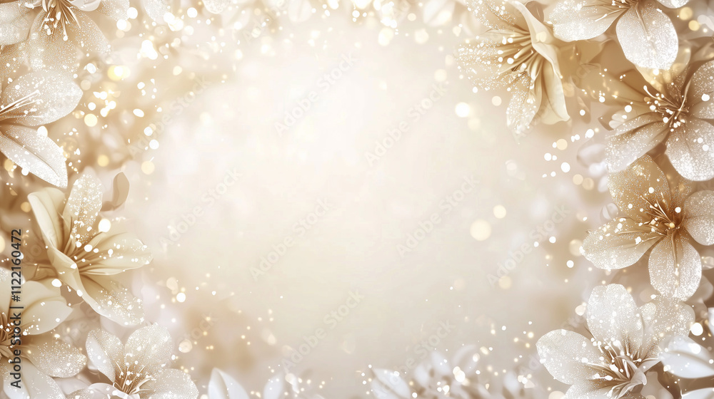 Poster a soft, elegant floral frame with delicate flowers and sparkling lights, creating a serene and invit