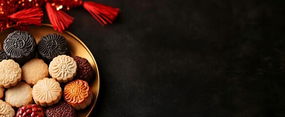 Fototapeta premium Chinese New Year sweets on golden plate. Traditional festive cookies and red decorations on dark background. Holiday celebration concept with copy space
