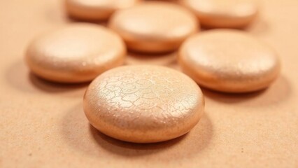 A row of tan colored beads with a pattern on them