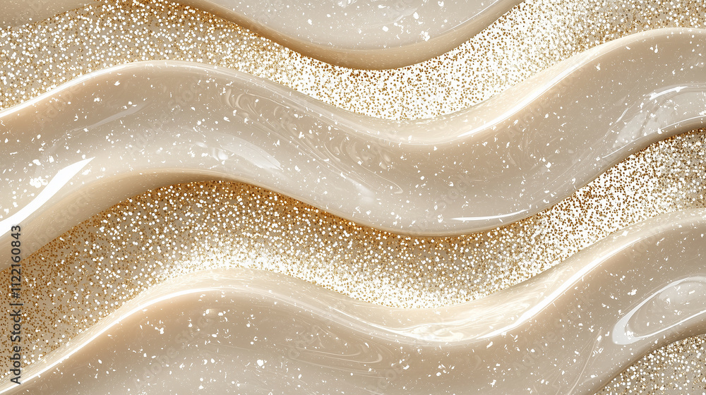 Poster a shimmering, creamy texture flows in wavy patterns, reflecting light with golden sparkles, creating