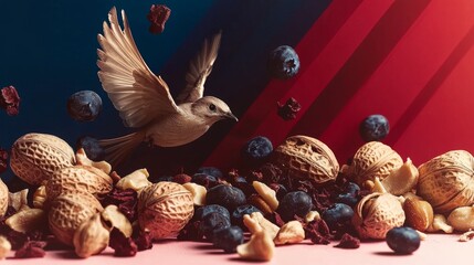 Artistic Capture of Bird with Nuts and Berries