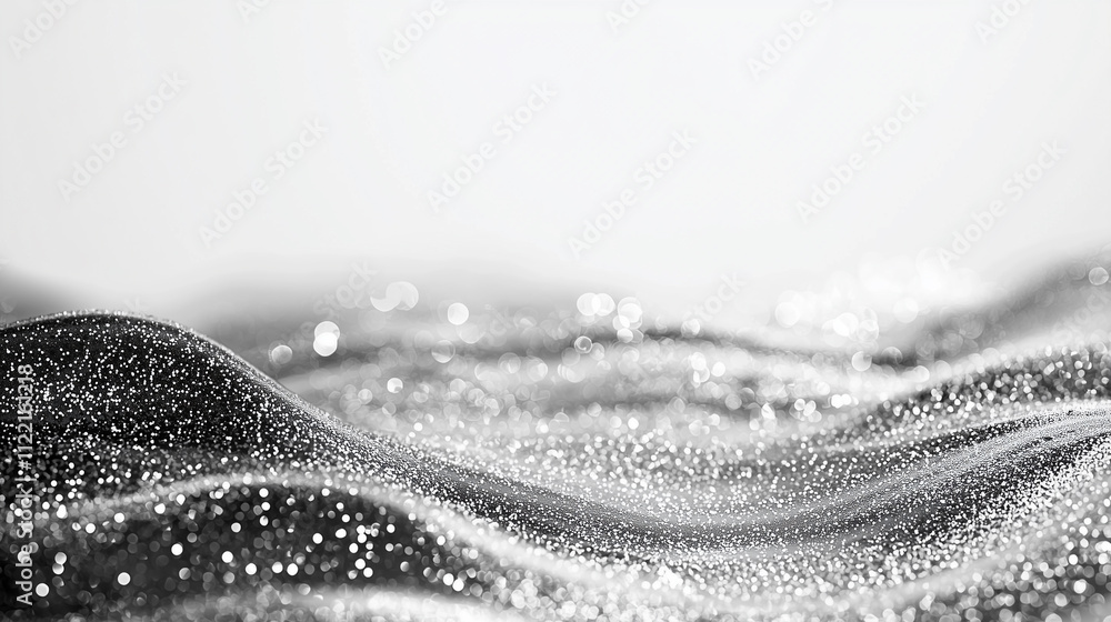 Poster a shimmering black and white landscape with soft, undulating waves, accentuated by sparkling details