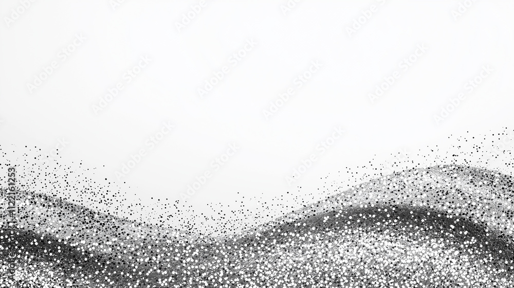 Poster an abstract image featuring waves of shimmering particles against a white background, creating a sen