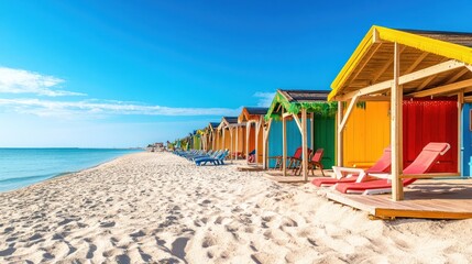 Fototapeta premium Colorful beach huts line a pristine, sandy shore under a vibrant blue sky.