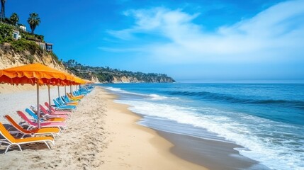 Fototapeta premium Colorful beach umbrellas and lounge chairs on a pristine sandy beach with ocean waves and blue sky.