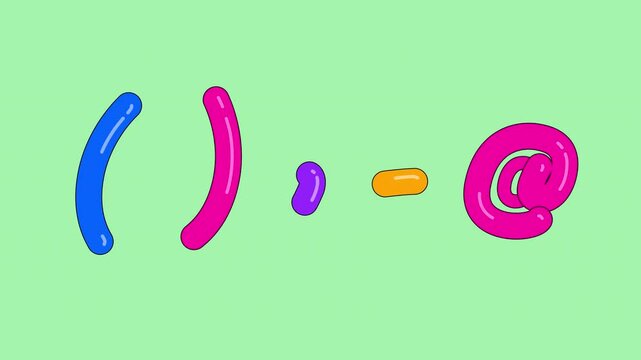 Set of 5 animated cartoon typefaces together and separately. AT sign, comma, brackets, parentheses, hypen on a transparent alpha channel