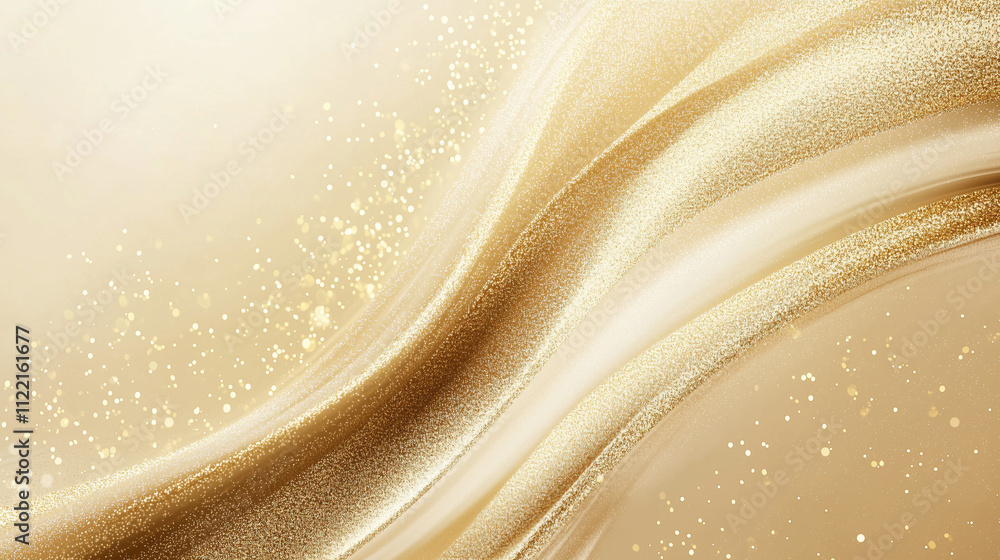 Poster a shimmering golden abstract background with smooth curves and sparkling effects, evoking luxury and