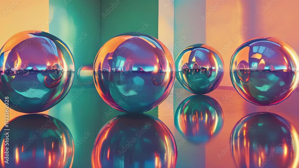 Poster captivating reflections of colorful spheres in a modern art space