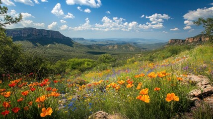Fototapeta premium Vibrant wildflowers bloom in a mountain valley under a bright blue sky.