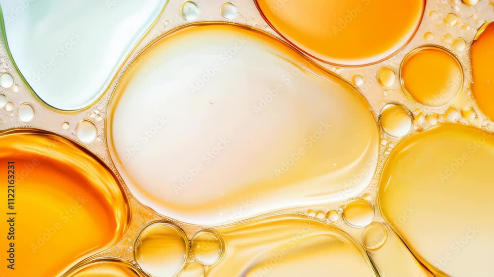 Poster exploring the dance of colors and textures in liquid droplets under soft light