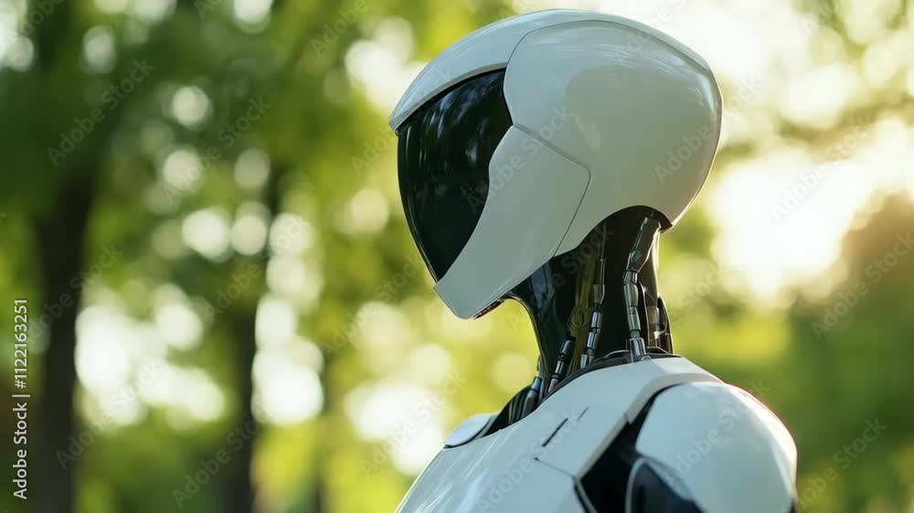 Poster ai robot with bokeh nature park background. future ai technology, artificial intelligence concept. r