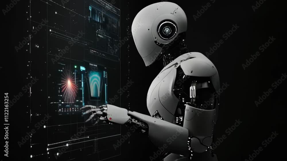 Poster Ai robot touching digital interface. Future AI technology, Artificial intelligence concept. Robotics and futuristic cybernetic. Interactive systems.