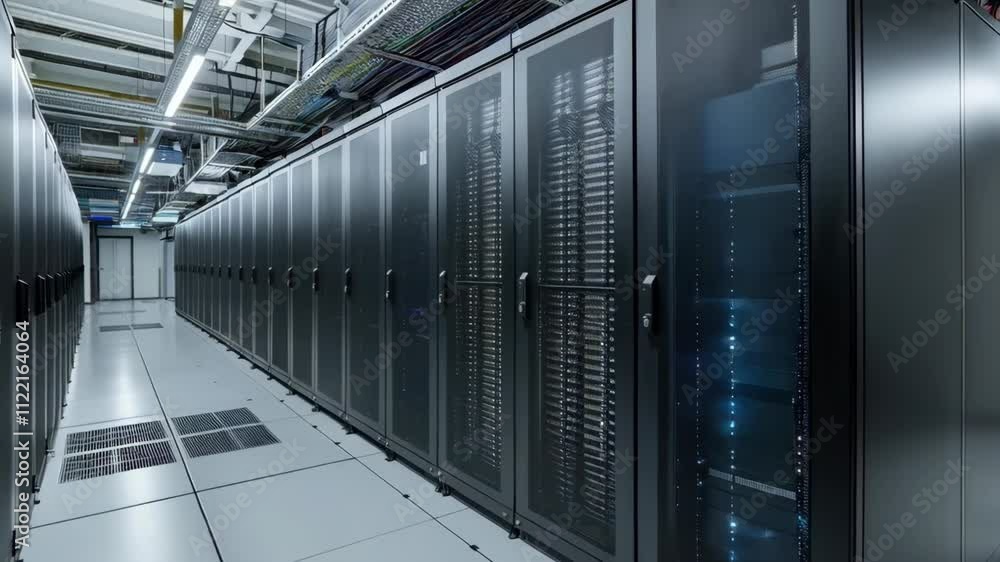 Poster Data center with server rack cabinets. AI training cluster. Modern datacenter, supercomputer. Advanced cloud computing and big data storage. Artificial intelligence. Future technology background