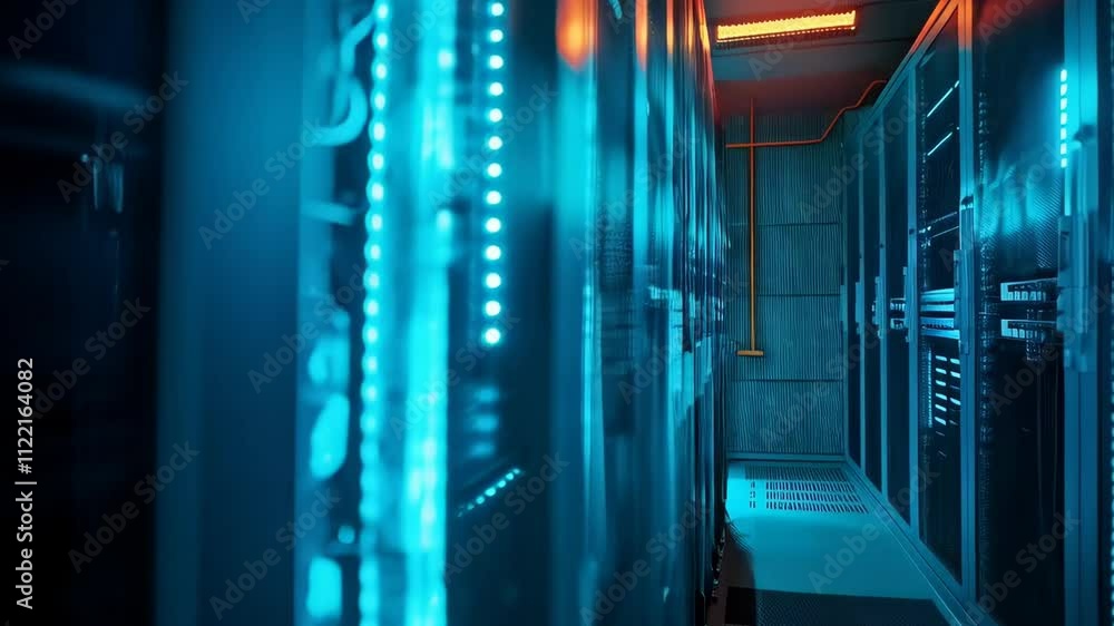 Poster Data center with server rack cabinets. AI training cluster. Modern datacenter, supercomputer. Advanced cloud computing and big data storage. Artificial intelligence. Future technology background