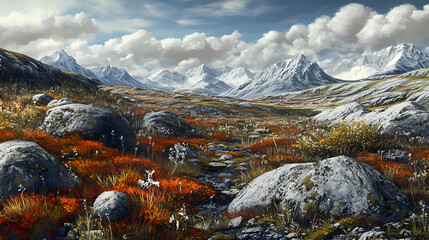 An awe-inspiring special angle shot of a tundra landscape, capturing the unique beauty of arctic or alpine tundra with low-growing plants, lichens, and rocks. Tundra. Illustration