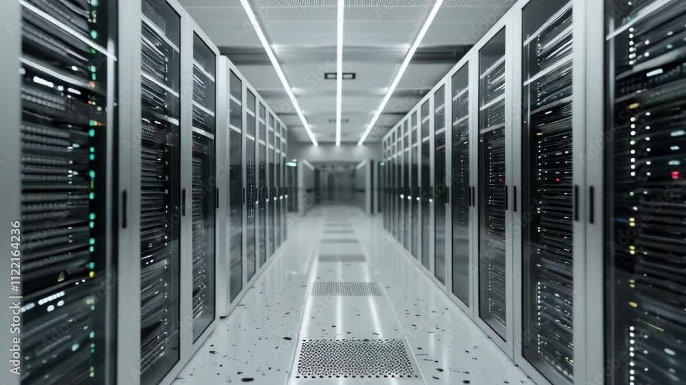 Poster Data center with server rack cabinets. AI training cluster. Modern datacenter, supercomputer. Advanced cloud computing and big data storage. Artificial intelligence. Future technology background