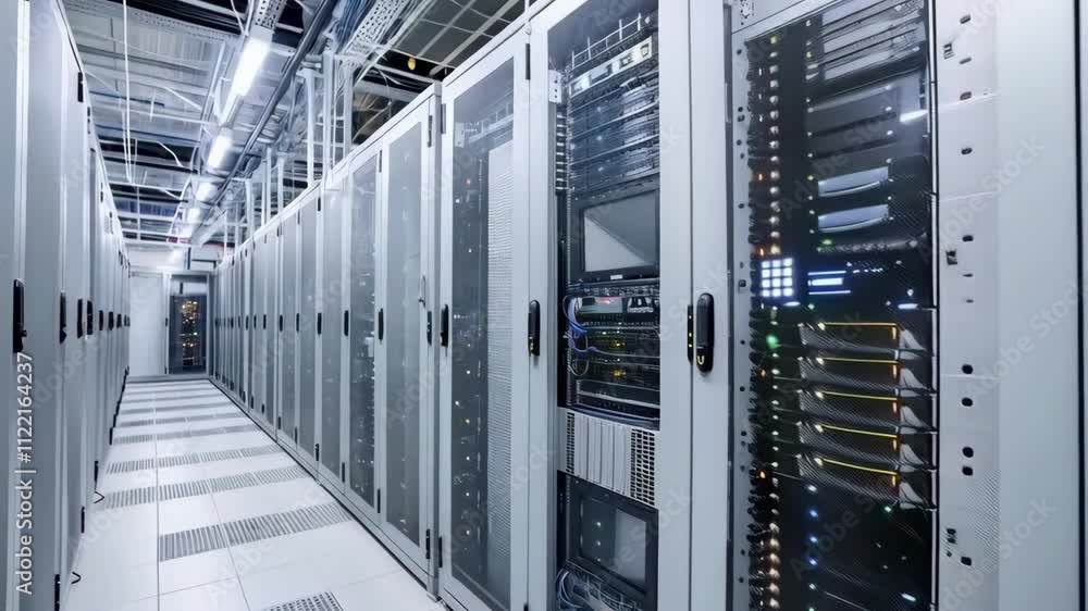 Poster Data center with server rack cabinets. AI training cluster. Modern datacenter, supercomputer. Advanced cloud computing and big data storage. Artificial intelligence. Future technology background