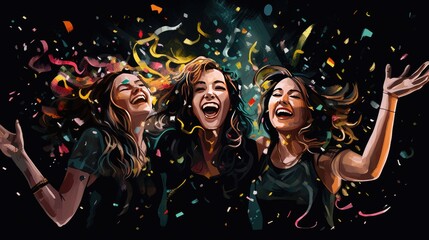 Illustration of friends having fun with confetti on black background.