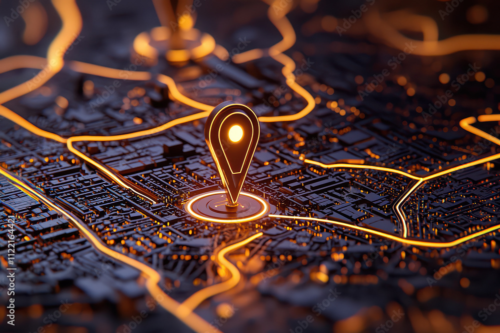 Poster futuristic map with glowing location pin and intricate network design. this digital representation s