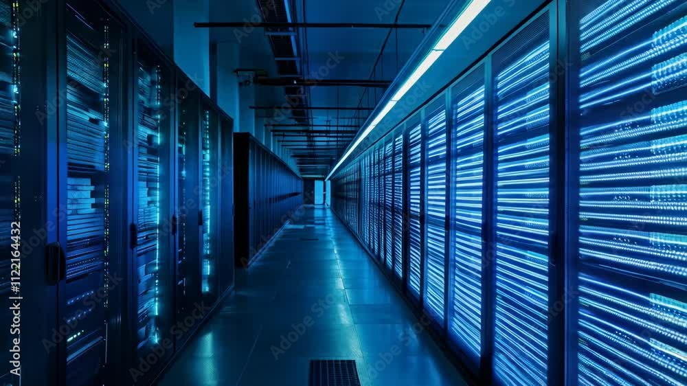 Poster Data center with server rack cabinets. AI training cluster. Modern datacenter, supercomputer. Advanced cloud computing and big data storage. Artificial intelligence. Future technology background