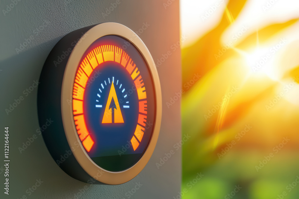 Poster high tech energy efficiency monitor displaying performance metrics in modern setting, illuminated by