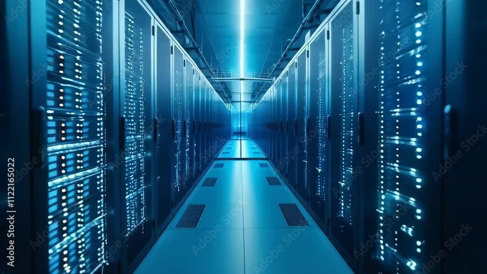 Poster Data center with server rack cabinets. AI training cluster. Modern datacenter, supercomputer. Advanced cloud computing and big data storage. Artificial intelligence. Future technology background