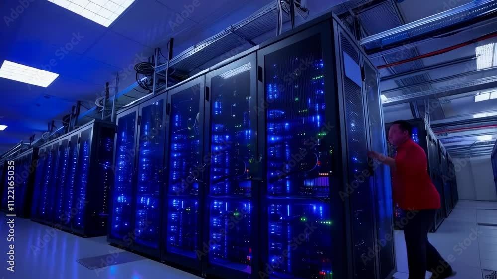 Poster Data center with server rack cabinets. AI training cluster. Modern datacenter, supercomputer. Advanced cloud computing and big data storage. Artificial intelligence. Future technology background