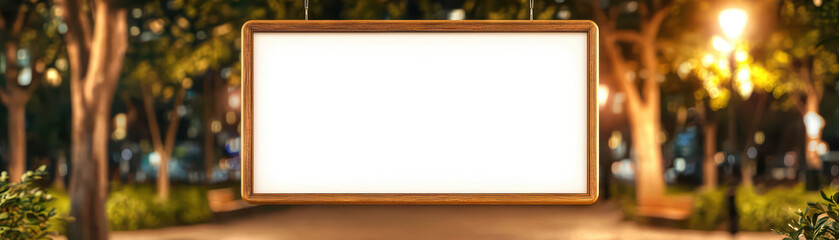 blank wooden signboard in park setting, surrounded by trees and soft lighting, perfect for showcasing messages or advertisements