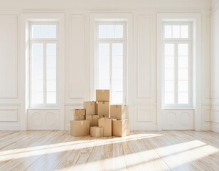 Fototapeta premium Minimalist Modern Room with Cardboard Boxes and Natural Light, Ideal for Moving and Lifestyle Concepts