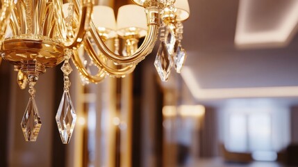Close-up of an ornate golden chandelier with crystal teardrops, hanging from the ceiling of a luxurious room