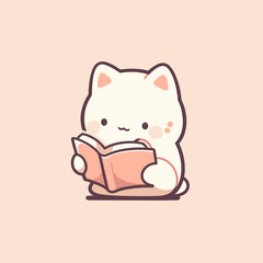 Cute Cartoon Cat Reading a Book on Soft Pastel Background. Cute Cat Vector.